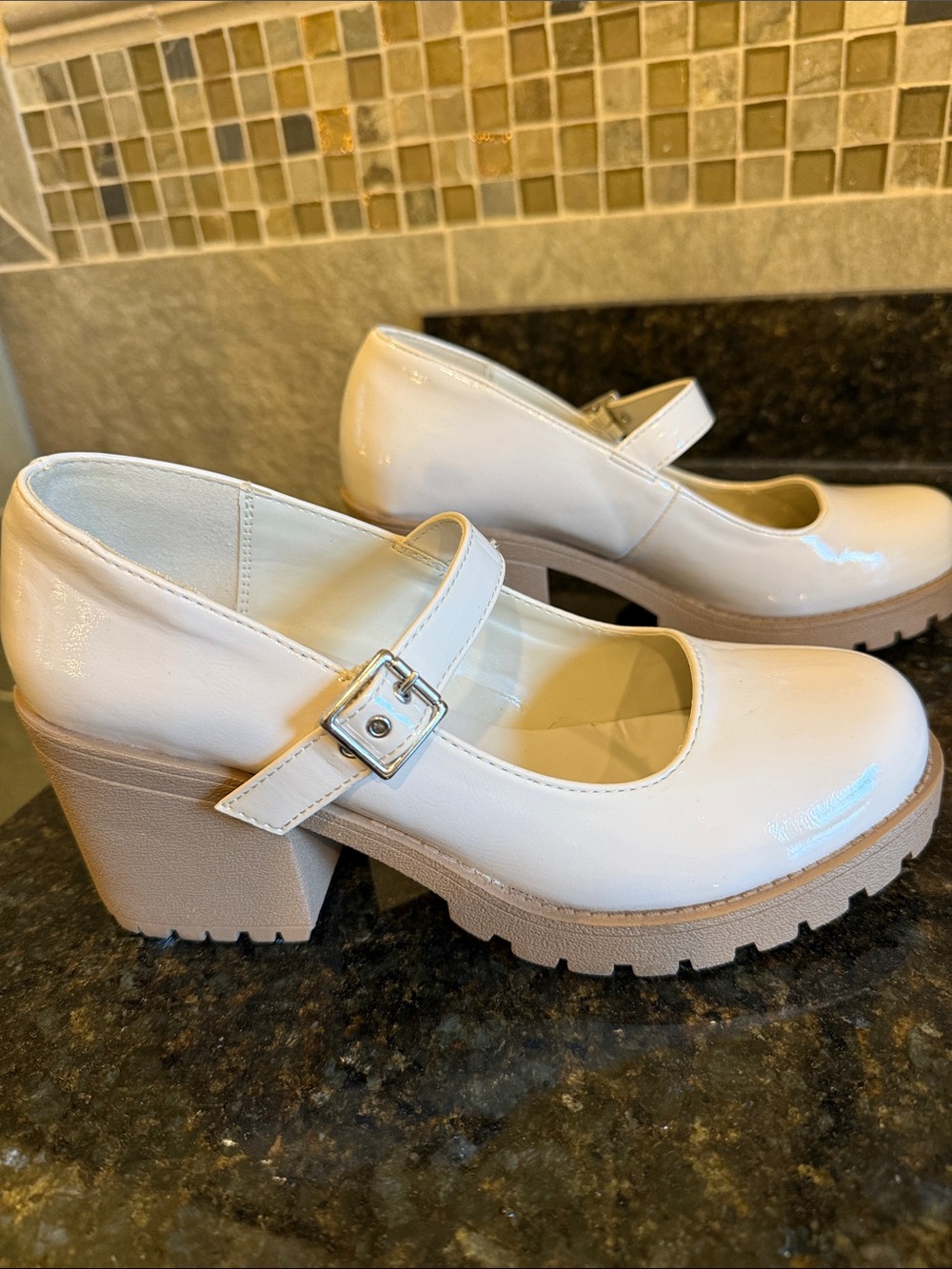 Soda Ivory Patent Mary Jane Block Heel Pumps